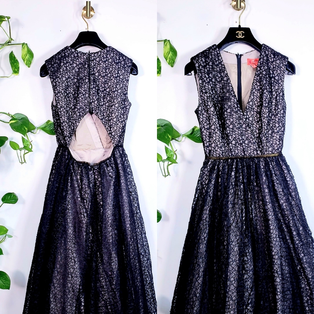 $998 ML MONIQUE LHUILLIER Black V-Neck Lace Ball Gown 0 XS Cinderella Cutout - Picture 8 of 10